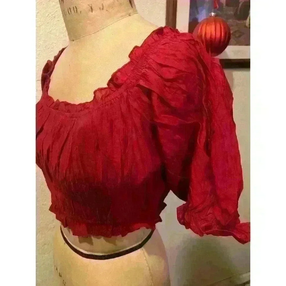 Dark Red Square Neck Ruffled Lantern Sleeve Cropped Top NWT Size L - Picture 5 of 10
